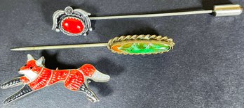 3 Mid Century Pins Including Sterling & Navajo Coral