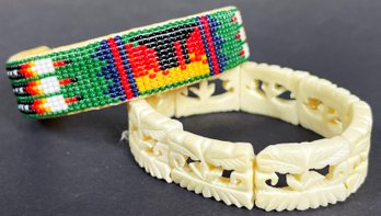 2 Vintage Bracelets Including Native American Beading & Carved Bone