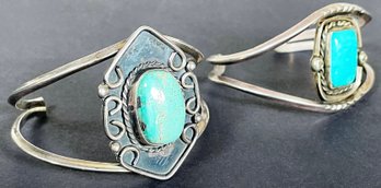 2 Gorgeous Vintage Native American Silver & Turquoise Cuff Bracelets