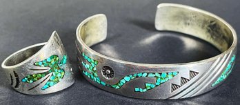 Stunning Native American Turquoise Chip Inlay Silver Cuff Bracelet & Ring