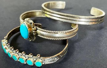 3 Vintage Sterling Silver & Turquoise Native American Stacking Cuff Bracelets