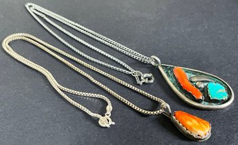 2 Native American Sterling & Gemstone Pendant Necklaces