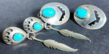 2 Pairs Of Sterling Silver & Turquoise Native American Stud Earrings