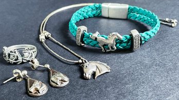 Vintage Silver Horse Motif Bracelet, Ring, Necklace, And Earrings, Some Are Sterling