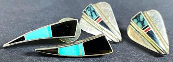 2 Pairs Of Vintage Zuni Sterling Silver, Black Onyx & Coral Inlay Stud Earrings