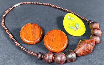 Vintage Wooden Bead Necklace, Wooden Stud Earrings & Butterfly Pendant