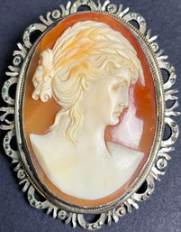 Large Vintage Cameo Pin In 850 Silver With Tiny Marcasite Stones