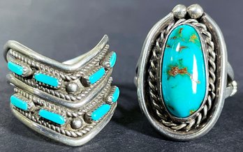 2 Silver & Turquoise Rings Including Y. Hattie Chevron Ring