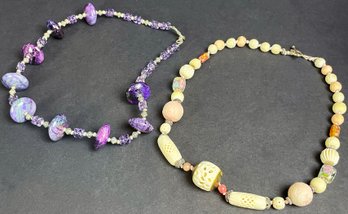 2 Chunky Beaded Necklaces Including Carved Bone With Coral, And Russian Chariot With Sterling