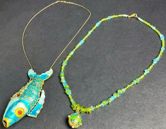 Cloisonne Fish And Russian Peridot And Aquamarine Necklace