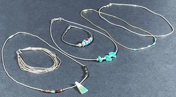 3 Southwestern Strand Necklaces With Turquoise & 2 Bracelets Including Liquid Sterling Silver