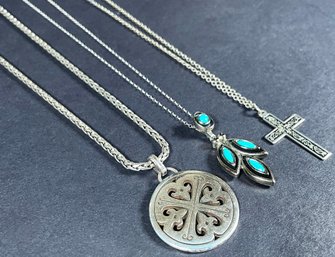 3 Beautiful Pendant Necklaces- Turquoise, Cross & Brighton Scrollwork Medallion