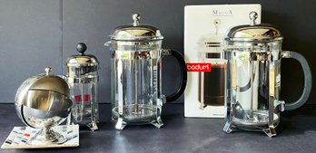 Coffee Making Lot - 3 French Presses, Stainless Sugar Bowl & Little Art Plate