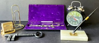 Vintage Desk Set Accessories Including Clock, Marble Bottom Pen Stand, Drafting Kit & More