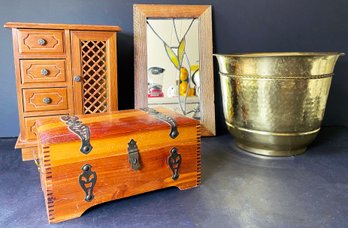 Pretty Vintage Home Decor- Tulip Mirror, Wooden Jewelry Box, Brass Vessel & Cedar Trinket Box