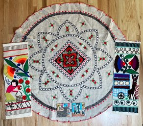 2 Mexican Wall Hangings, Round Embroidered Tablecloth & English Art Tile Diptych