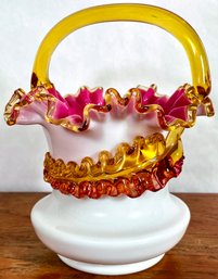 Vintage Hand Blown Victorian Ruffled Glass Basket