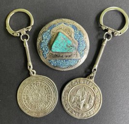 Alpaca Mexico Pin/pendant With Turquoise & 2 Key Chains
