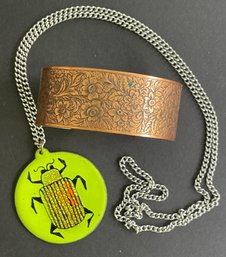 Fun Vintage Enamel Pendant And Copper Cuff Bracelet