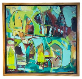 Playful Abstract Landscape Painting On Canvas Signed By Kari Lennartson