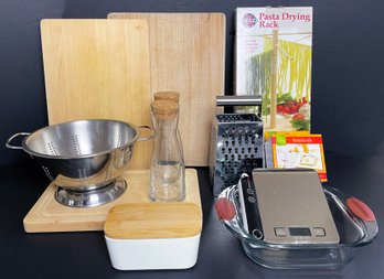 Large Lot Of Kitchen Items Including Cutting Boards, Colander, Scale, & More