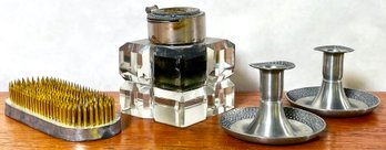 Odds & Ends: Glass Inkwell, Pewter Candle Holders & Kenzan Pin Frog