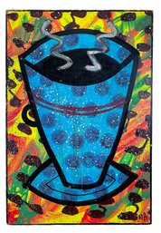 Funky Coffee Cup Painting On Board Signed By Artist Fata