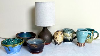 Assorted Pottery Bowls, Mugs, Lamp, & Vase