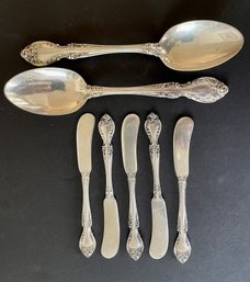 Sterling Silver Gorham 'Melrose' Serving Spoons And Butter Knives