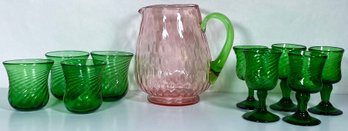 Vintage Hand Blown Watermelon Glassware- 1 Pitcher & 9 Glasses