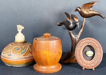 Earthy Home Decor Including Pottery Soap Dispenser, Wooden Trinket Box, Birds Statue & More!