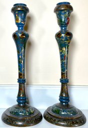 Beautifully Painted Asian Wood Candlesticks