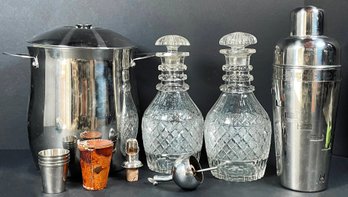 Vintage Barware- Glass Decanters, Chrome Ice Bucket, Cocktail Shaker & More!