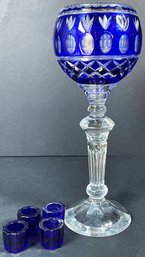 Cobalt Blue Cut To Clear Crystal Goblet & 4 Candle Holders