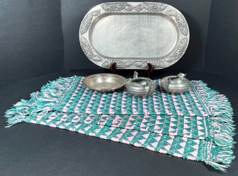 Vintage Pewter Serving Ware & 3 Woven Placemats