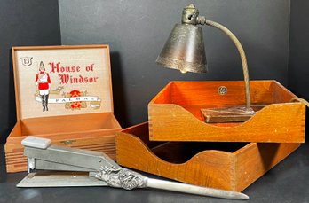 Vintage Desk Accessories- Brass Table Lamp, Buck Letter Opener, House Of Windsor Palmas Box & More