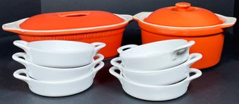 2 Ceramic Casseroles & 6 Sur La Table Mini Hors D'oeuvre Dishes