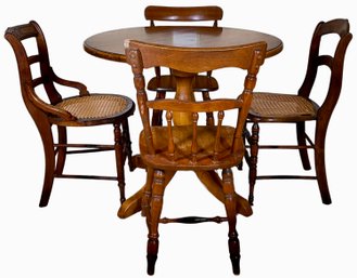 Round Wooden Pedestal Table & 4 Vintage Chairs- 2 W/ Caned Seats