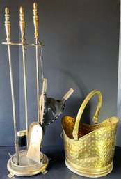Brass Coal Skuttle Bucket And Fireplace Tools