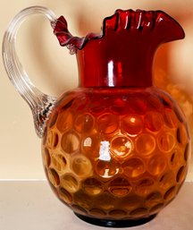 Large Vintage Amberina Thumbprint Pitcher With Ruffled Lip