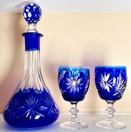 Bohemian Cut To Clear Crystal Decanter With Two Glasses