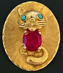 Vintage 14k Gold Cat Pin With Turquoise Eyes And Large Red Stone Belly.