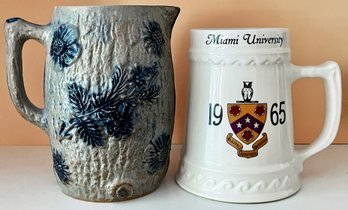 Large Porcelain 1965 Miami University Stein And Antique Salt Glaze Pitcher