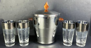 Mid Century Irvinware Ice Bucket & 4 Silver Ombre Glasses