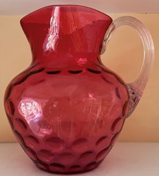 Large Thumbprint Cranberry Glass Pitcher, As Is