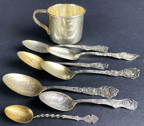 7 Sterling Silver Souvenir Spoons & Small Sterling Cup