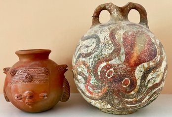 2 Primitive Clay Pots Including 1 Figurative And One Reproduction Form 1500 BC With Octopus Motif