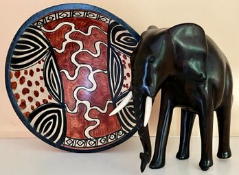 Carved Wood Elephant With African Style Painted Wood Bowl