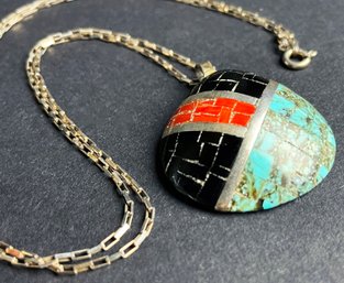 Santo Domingo Turquoise, Coral, And Black Jet Mosaic Pendant On Sterling Chain