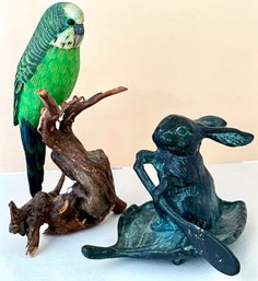 Intricately Carved Wood Parakeet With Cute Little Metal Bunny Rabbit